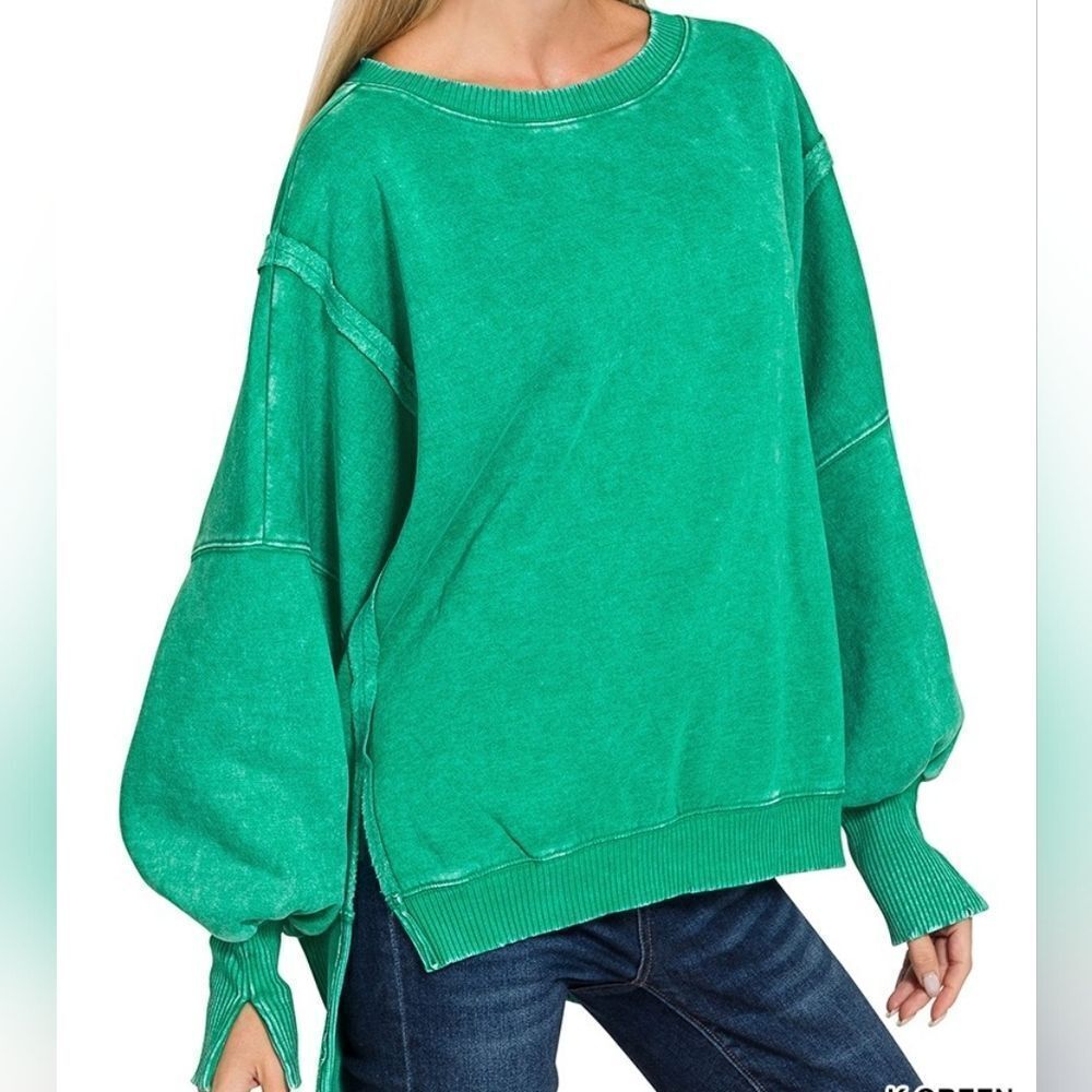 ***Zenana Acid Wash Oversized Batwing Sleeve Sweatshirt - Picture 3 of 3